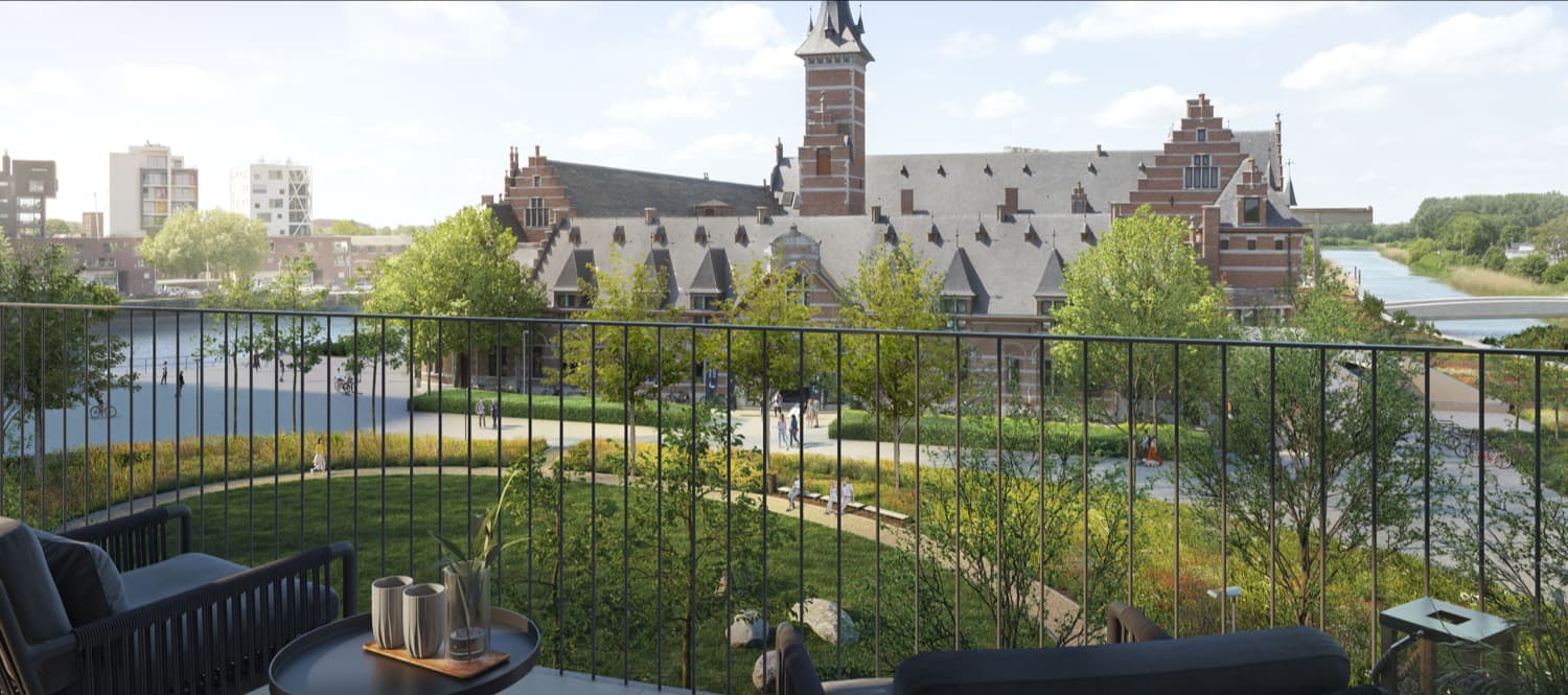 Uitzicht appartement nieuwbouwproject Mechelen op het Rode Kruisplein & Van der Valck hotel