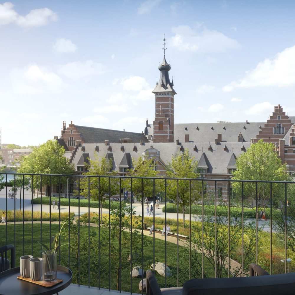 Uitzicht appartement nieuwbouwproject Mechelen op het Rode Kruisplein & Van der Valck hotel