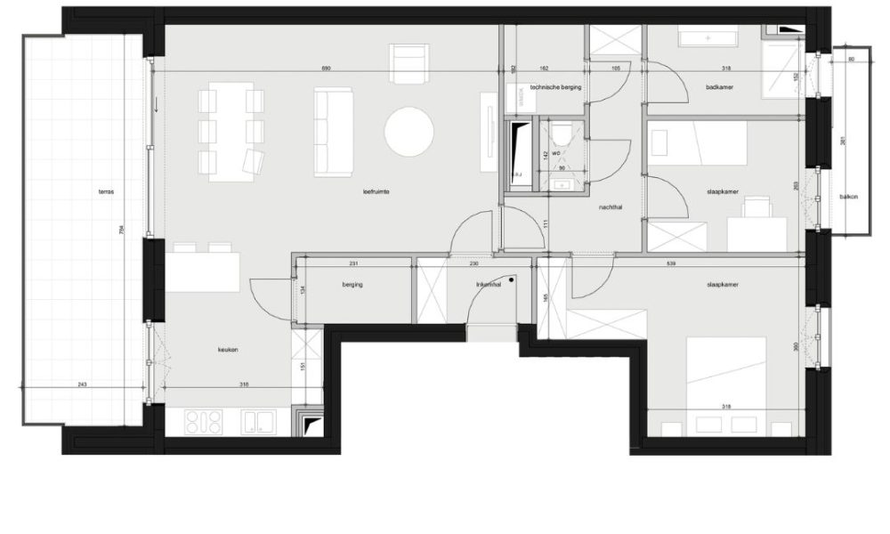 Grondplan nieuwbouw appartement 106 m² met 2 slaapkamers in Mechelen
