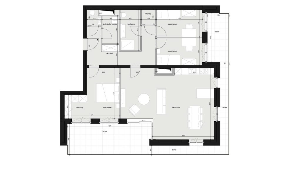Grondplan nieuwbouw 3 slaapkamer appartement 128m2 met 2 terrassen