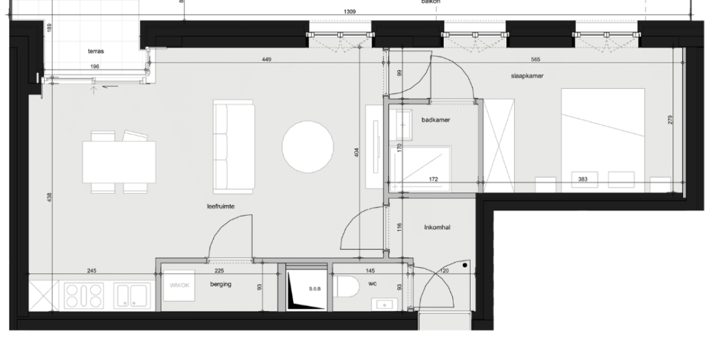 Grondplan nieuwbouw appartement 64 m² met 1 slaapkamer in Mechelen